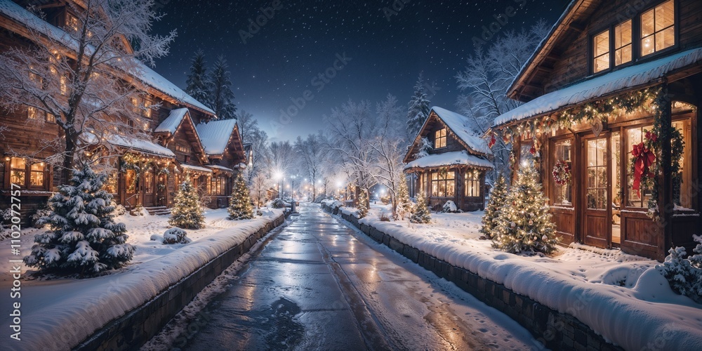 Fototapeta premium Dreamy snowy night with a Christmas vibe in Michigan
