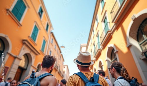 A group of tourists confer in the old town photo