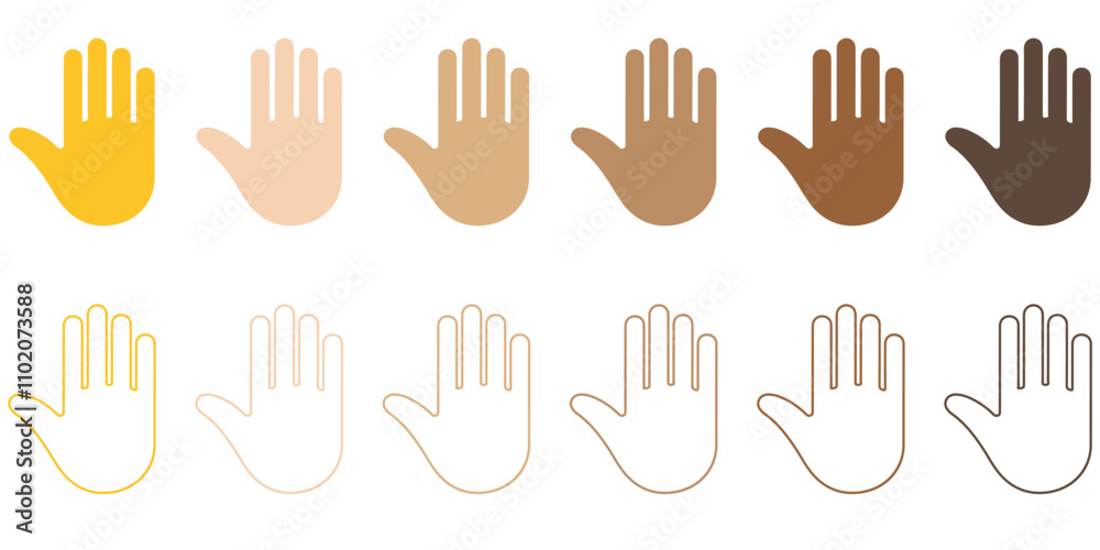 Waving hands icons set isolated on white background. A sign of greeting or goodbye. Flat style. Vector illustration