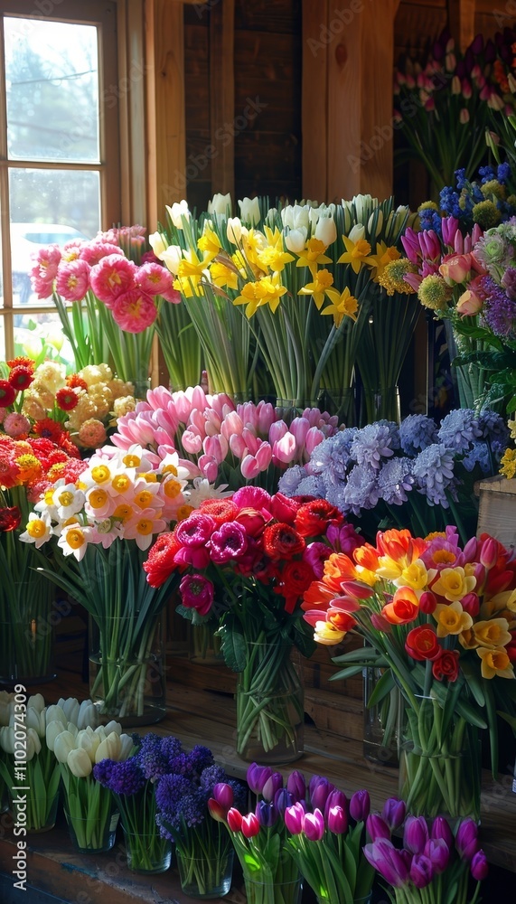Vibrant flower shop filled with fresh daffodils, crocuses, and daisies for spring arrangements Vibrant flower shop filled with fresh daffodils, crocuses, and daisies for spring arrangements