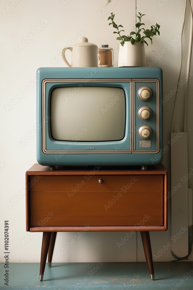 A beautifully designed retro blue television set, adding vintage flair to any interior space. A beautifully designed retro blue television set, adding vintage flair to any interior space.