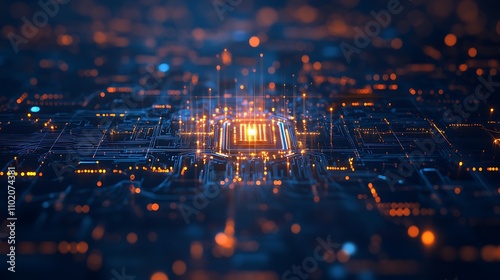 Intricate blue circuit board design illuminated by glowing orange lights at night