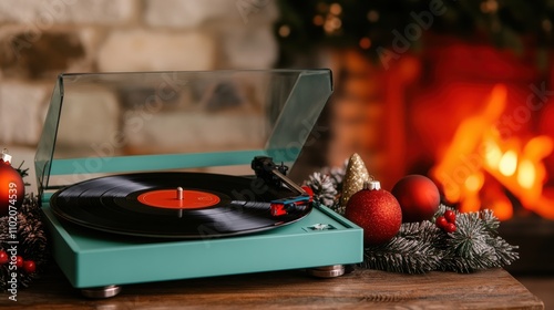 Vintage Turntable Playing Record Surrounded by Christmas Decorations, Red Ornaments, Pine Branches, and Cozy Fireplace Setting for Seasonal Feel photo