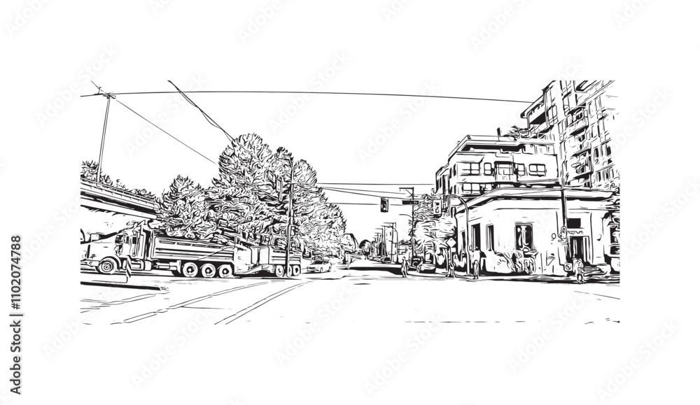 Print Building view with landmark of Vancouver is the city in Western Canada. Hand drawn sketch illustration in vector.