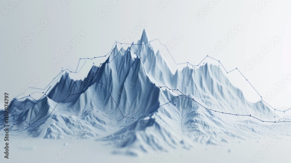 A detailed 3D rendering of a polygonal mountain range in monochromatic blue tones with an overlaid chart. The abstract landscape and data lines evoke themes of analysis, technology, and digital