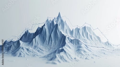 Obraz na płótnie A detailed 3D rendering of a polygonal mountain range in monochromatic blue tones with an overlaid chart. The abstract landscape and data lines evoke themes of analysis, technology, and digital w salonie