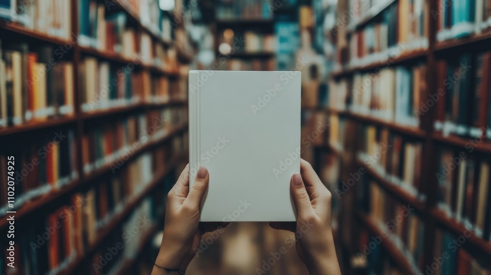 Woman Hands Holding White Book in Library, Mockup for Template Design Use with Blurred Bookshelves Background Woman Hands Holding White Book in Library, Mockup for Template Design Use with Blurred Bookshelves Background