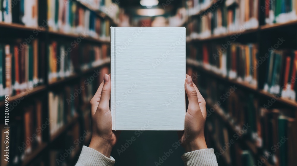 Woman Hands Holding White Book in Library, Mockup for Template Design Use with Blurred Bookshelves Background Woman Hands Holding White Book in Library, Mockup for Template Design Use with Blurred Bookshelves Background