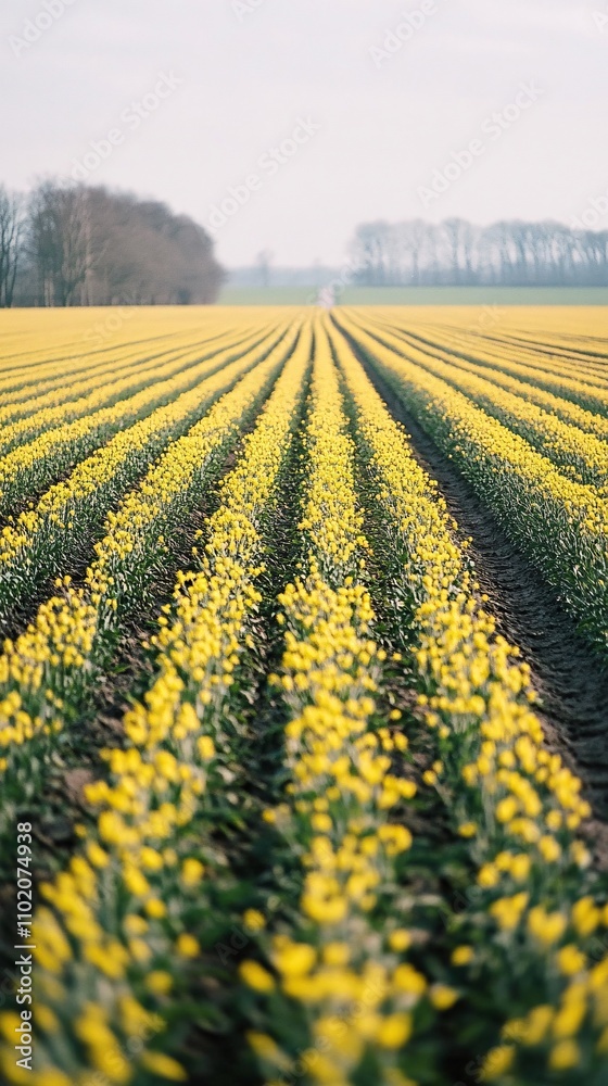 spring, sunshine, close up of a large field of Rapeseed that have not yet bloomed, and in the distance is a path in the park,