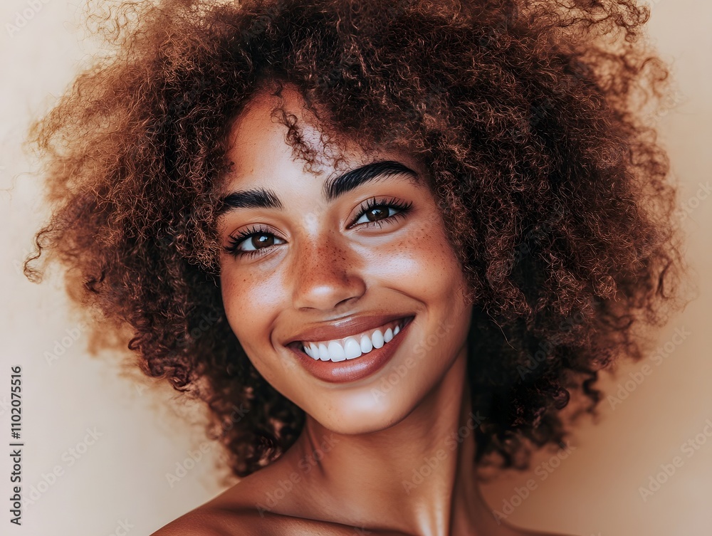 A woman with natural curly hair smiles warmly against a soft beige background A woman with natural curly hair smiles warmly against a soft beige background