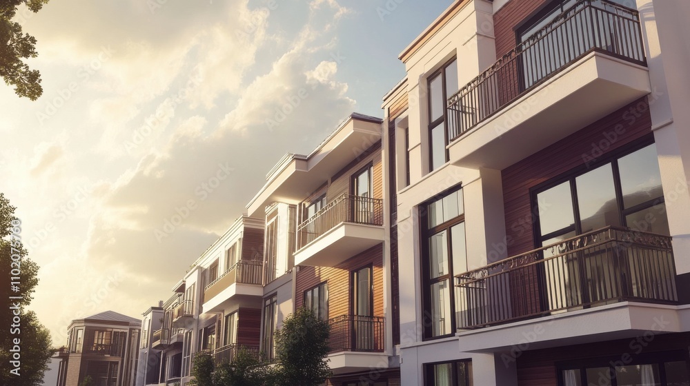 Obraz premium Modern apartment buildings under a cloudy sky during sunset in an urban setting