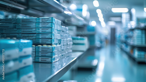 Stacks of pharmaceutical boxes in clean, sterile environment, showcasing organized storage in medical facility. focus is on orderly arrangement and bright lighting