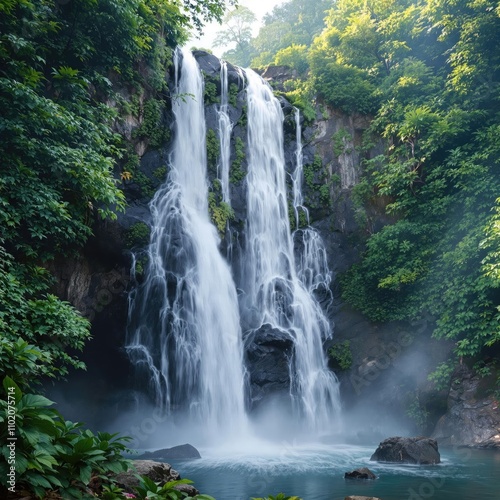 A stunning waterfall surrounded by dense foliage and vibrant greenery, hidden oasis, untouched wilderness, jungle, scenic beauty