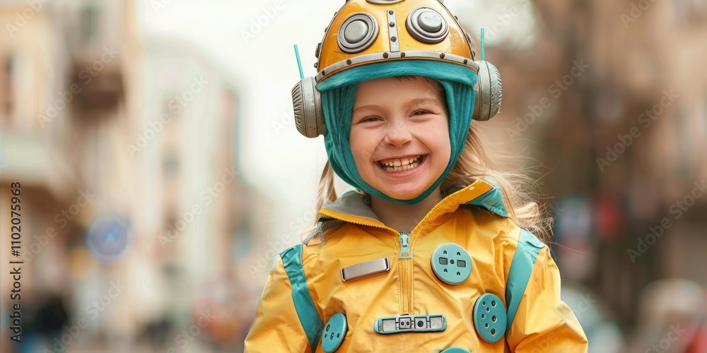 Joyful Child in Robot Costume, City Street Background Joyful Child in Robot Costume, City Street Background
