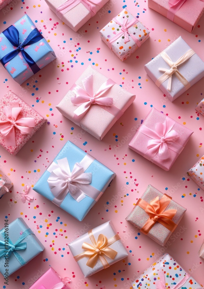 Colorful Gift Boxes with Ribbons on Pink Background Surrounded by Confetti, Perfect for Celebrations, Birthdays, and Special Occasions in Vibrant Aesthetic Colorful Gift Boxes with Ribbons on Pink Background Surrounded by Confetti, Perfect for Celebrations, Birthdays, and Special Occasions in Vibrant Aesthetic