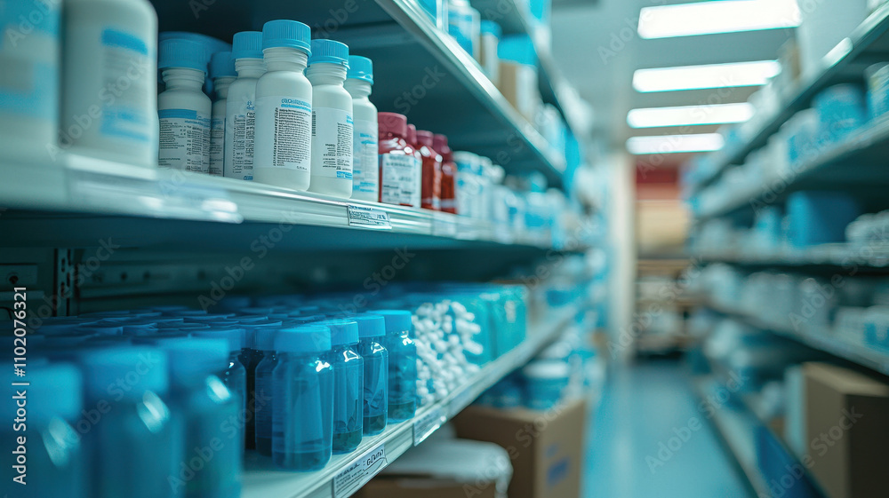 hospital storage room filled with various medical supplies, including bottles and boxes, is neatly organized on shelves under bright fluorescent lighting hospital storage room filled with various medical supplies, including bottles and boxes, is neatly organized on shelves under bright fluorescent lighting