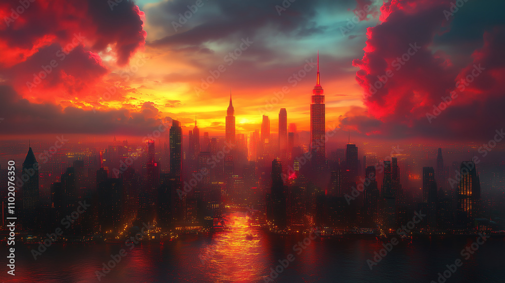 Fototapeta premium Dramatic sunset over a vibrant skyline with reflections in water from a bustling city. Generative AI