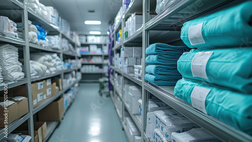 well organized hospital storage room with neatly stacked medical supplies on metal shelves, including towels and boxes, under bright lighting