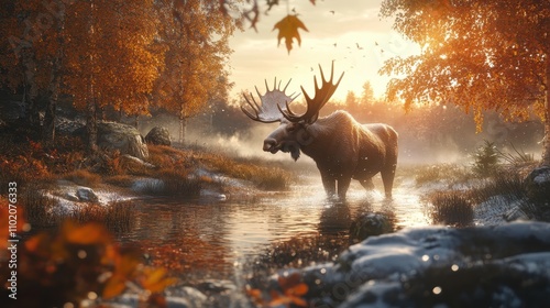 Majestic Moose in Autumnal Forest River Landscape: A Breathtaking Sunrise Scene photo