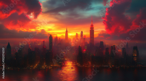 Dramatic sunset over a vibrant skyline with reflections in water from a bustling city. Generative AI