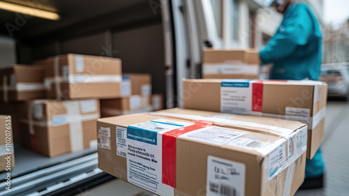 Boxes with medical supplies are being loaded into delivery van by person in blue uniform, indicating medical supply delivery service. scene suggests efficient logistics and healthcare support