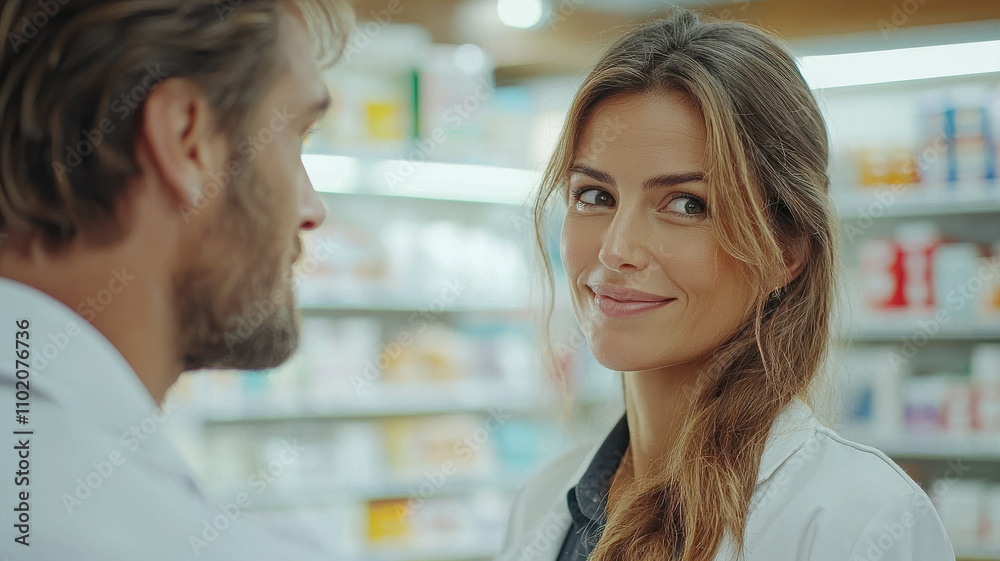 woman in pharmacy smiles warmly at colleague, surrounded by shelves of over counter medicines. setting is bright and professional, highlighting friendly interaction in healthcare environment woman in pharmacy smiles warmly at colleague, surrounded by shelves of over counter medicines. setting is bright and professional, highlighting friendly interaction in healthcare environment
