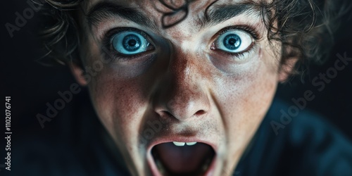 A young adult with wide-open eyes and an expression of surprise or shock, highlighting intense emotional response possibly to an unexpected event.