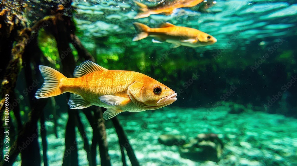 Naklejka premium mangrove forest restoration concept, Diverse Aquatic Life in the Shade of Mangrove Roots Underwater