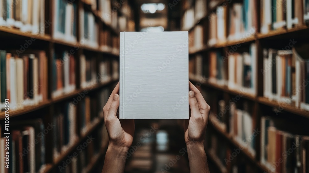Close-Up of Woman's Hands Holding White Book in Library, Mockup Template for Branding and Design Presentation with Blurred Bookshelf Background Close-Up of Woman's Hands Holding White Book in Library, Mockup Template for Branding and Design Presentation with Blurred Bookshelf Background