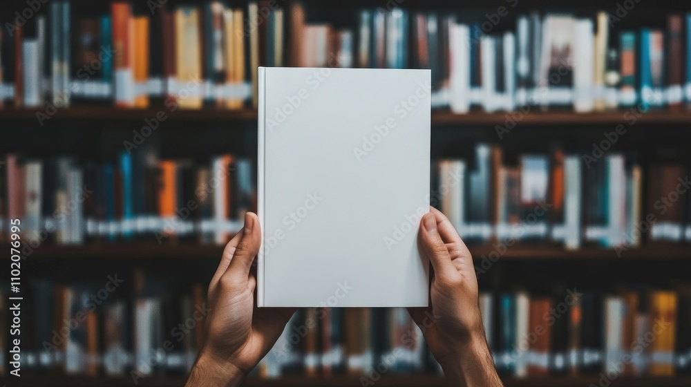 Close-Up of Woman's Hands Holding White Book in Library, Mockup Template for Branding and Design Presentation with Blurred Bookshelf Background Close-Up of Woman's Hands Holding White Book in Library, Mockup Template for Branding and Design Presentation with Blurred Bookshelf Background