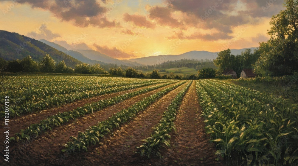 Scenic Landscape of Lush Green Cornfield at Sunset in Mountains Scenic Landscape of Lush Green Cornfield at Sunset in Mountains