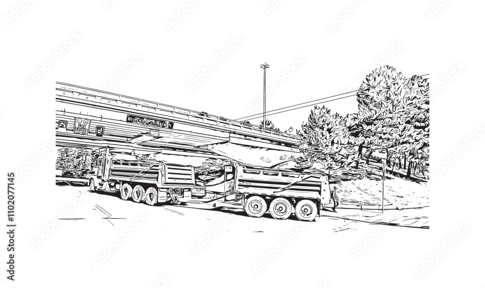 Print Building view with landmark of Vancouver is the city in Western Canada. Hand drawn sketch illustration in vector.