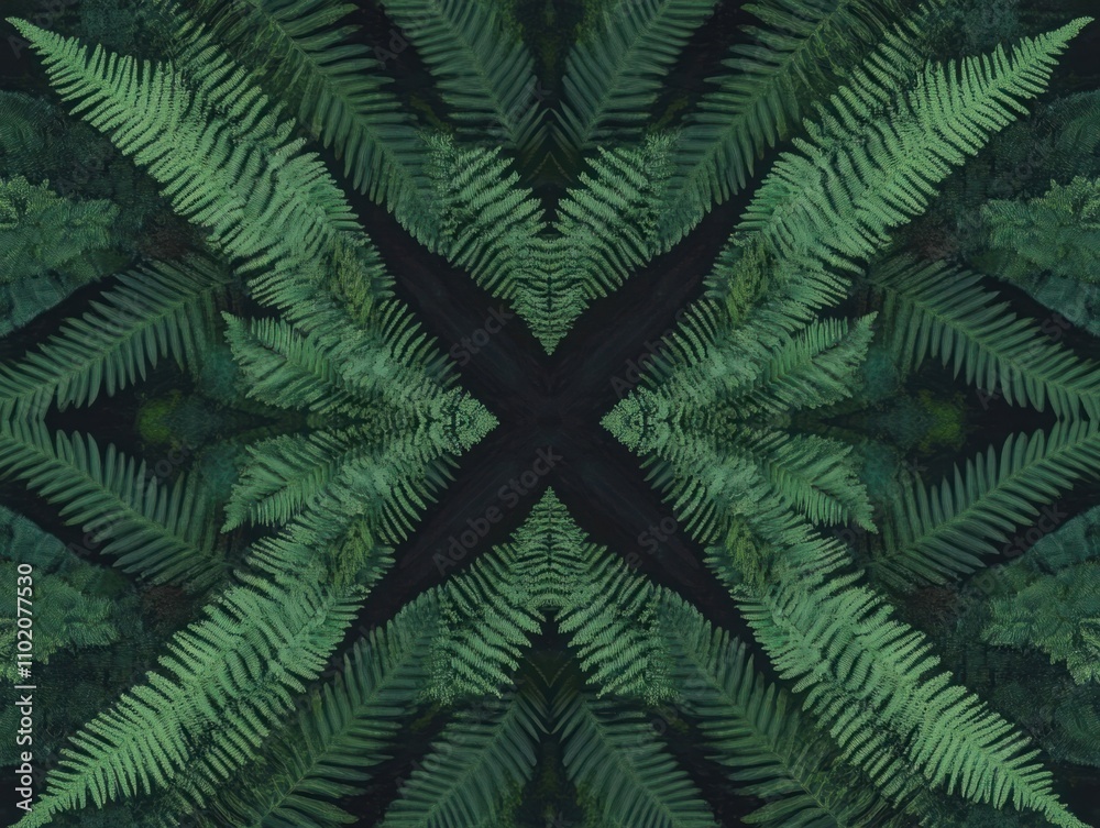 Obraz premium Lush Green Fern Leaves Symmetrically Arranged for Nature Inspired Backgrounds and Design Elements Celebrating the Beauty of Tropical Flora and Foliage