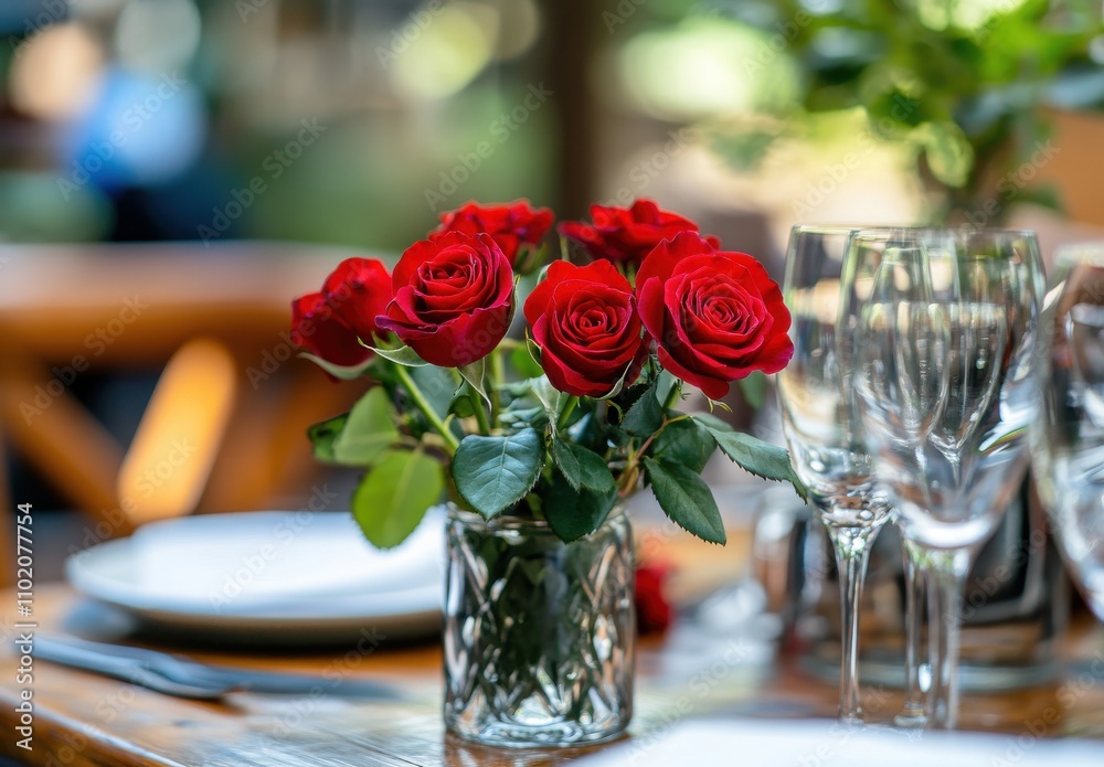 Elegant Arrangement of Fresh Red Roses in a Glass Vase on a Table with Fine Dining Setup, Perfect for Romantic Dinners or Special Occasions in a Cozy Setting Elegant Arrangement of Fresh Red Roses in a Glass Vase on a Table with Fine Dining Setup, Perfect for Romantic Dinners or Special Occasions in a Cozy Setting
