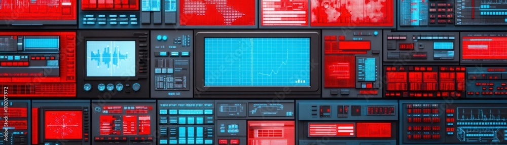 High-Tech Control Room Interface with Red and Blue Displays Featuring Graphs, Maps, and Data Visualizations for Futuristic Applications High-Tech Control Room Interface with Red and Blue Displays Featuring Graphs, Maps, and Data Visualizations for Futuristic Applications