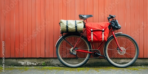 A well-built touring bicycle stands against a vibrant red wall, loaded with bags and gear, showcasing an ideal setup for long-distance travel adventures. photo