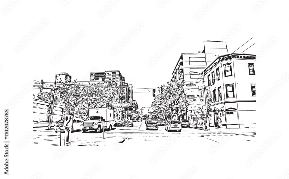 Print Building view with landmark of Vancouver is the city in Western Canada. Hand drawn sketch illustration in vector.