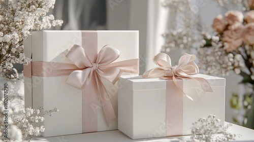 Sophisticated wedding gift boxes with elegant ribbons and subtle decor, ready for a memorable event, Illustrations