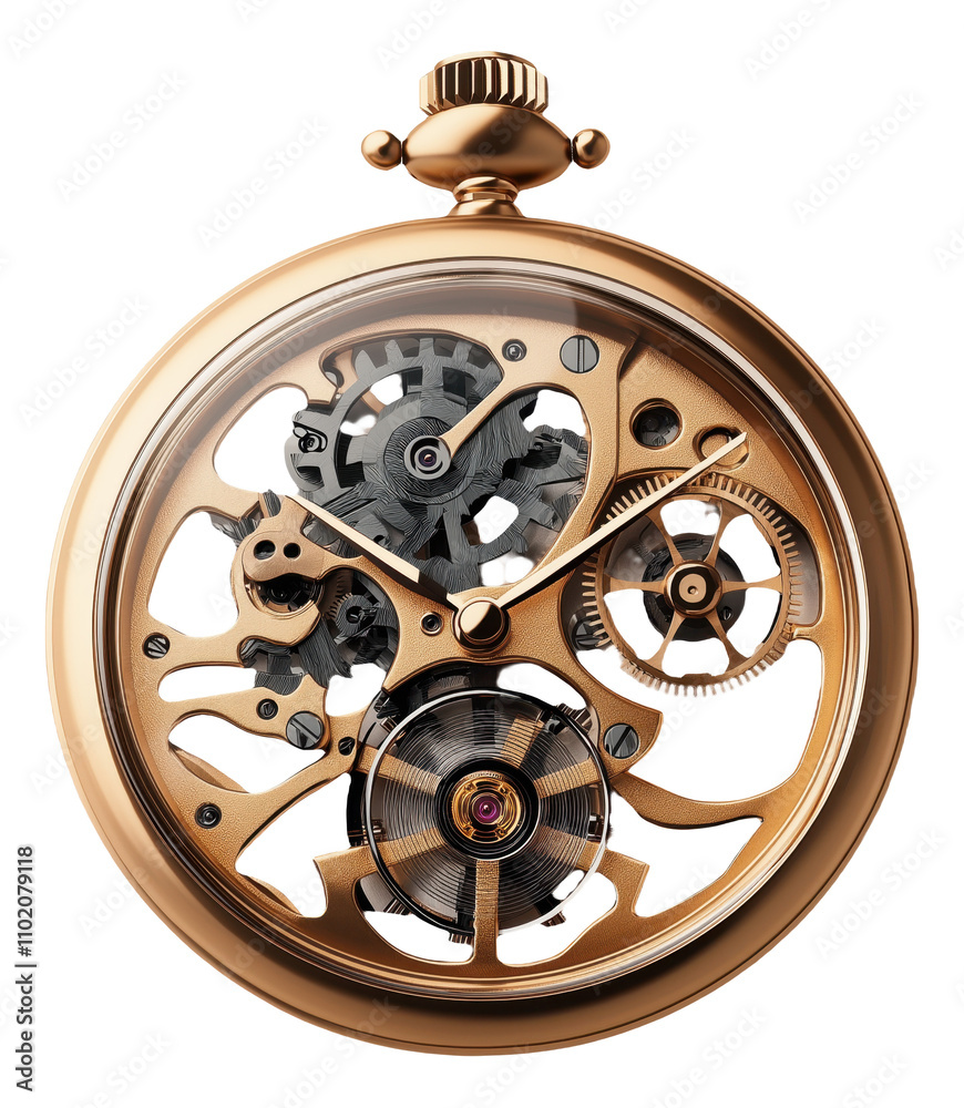 Fototapeta premium PNG Gold skeleton pocket watch with visible gears and intricate design