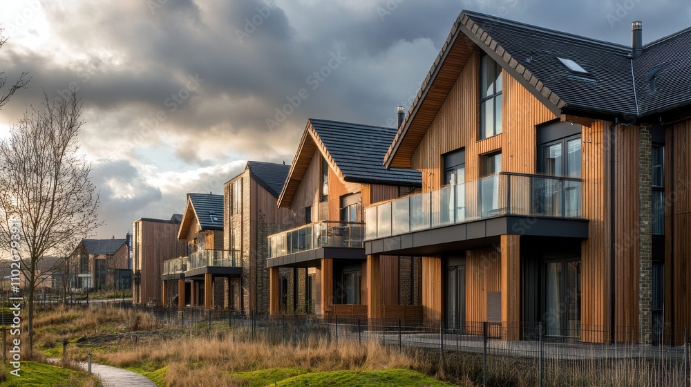 Modern wooden houses line a tranquil pathway in a scenic residential area Modern wooden houses line a tranquil pathway in a scenic residential area