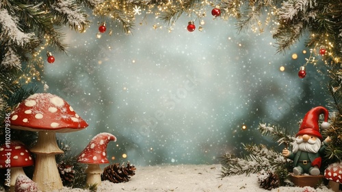 Magical Christmas Forest with Gnomes, Mushrooms, and Fairy Lights