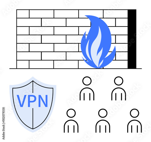 Firewall with blue flame VPN shield, and five user icons. Ideal for cybersecurity, internet privacy, data protection, network security, user safety, online encryption, access control. Line metaphor