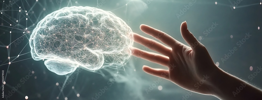 Hand reaching toward an AI brain symbolizing human interaction with technology and artificial intelligence concepts