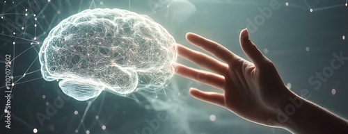 Obraz na płótnie Hand reaching toward an AI brain symbolizing human interaction with technology and artificial intelligence concepts w salonie