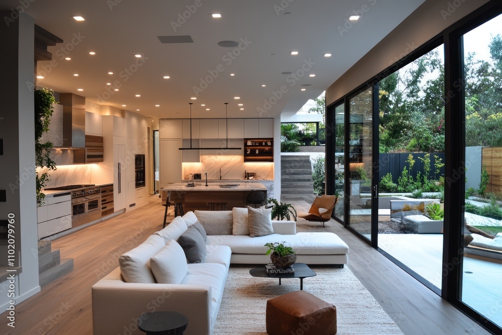 Modern Open Plan Home Interior Design With Kitchen And Garden Views Modern Open Plan Home Interior Design With Kitchen And Garden Views