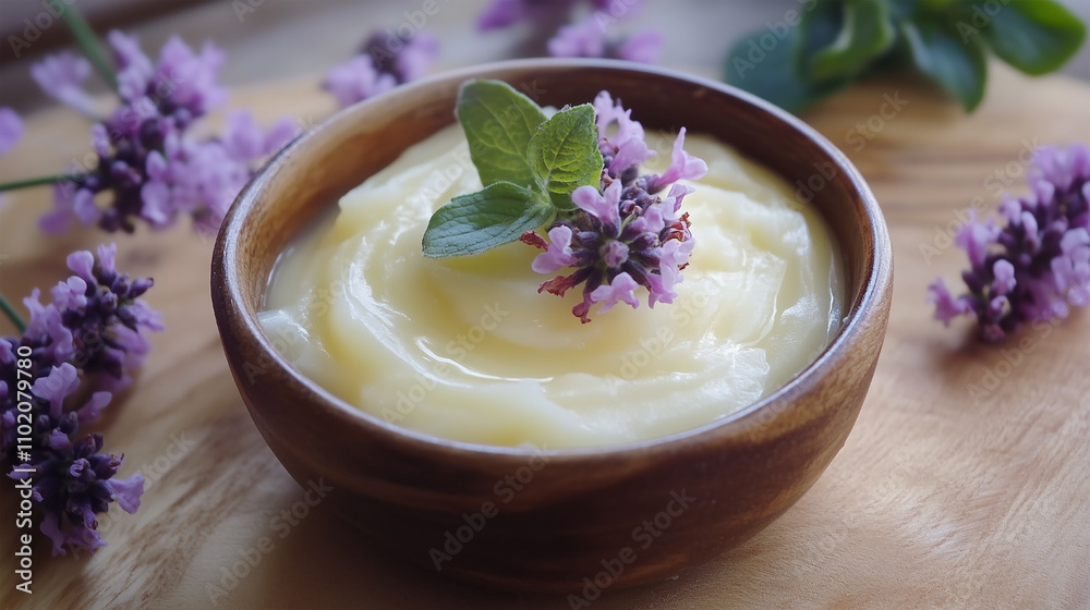 A bowl of cream with a sprig of mint on top A bowl of cream with a sprig of mint on top