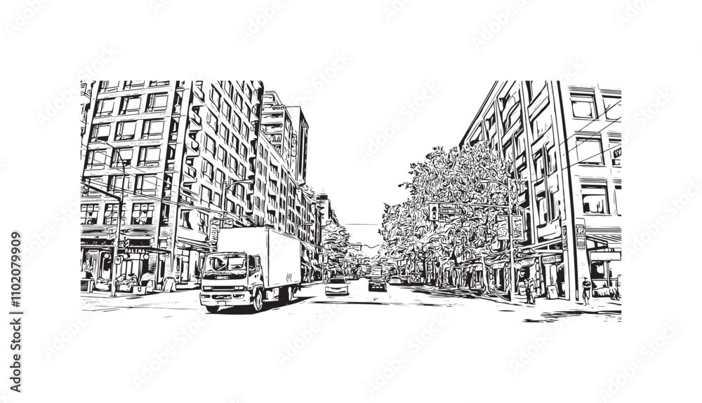 Print Building view with landmark of Vancouver is the city in Western Canada. Hand drawn sketch illustration in vector.
