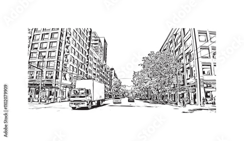 Obraz na płótnie Print Building view with landmark of Vancouver is the city in Western Canada. Hand drawn sketch illustration in vector. w salonie