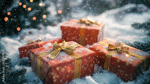 Vibrant holiday scene featuring elegantly wrapped presents with ribbons, ready to gift, in a snowy landscape