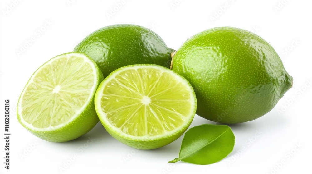 Green lime with cut in half and slices isolated on white background Green lime with cut in half and slices isolated on white background